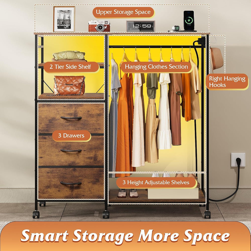 WLIVE LED Dresser for Bedroom, 3 Drawers with Hanging Rack, Rustic Brown