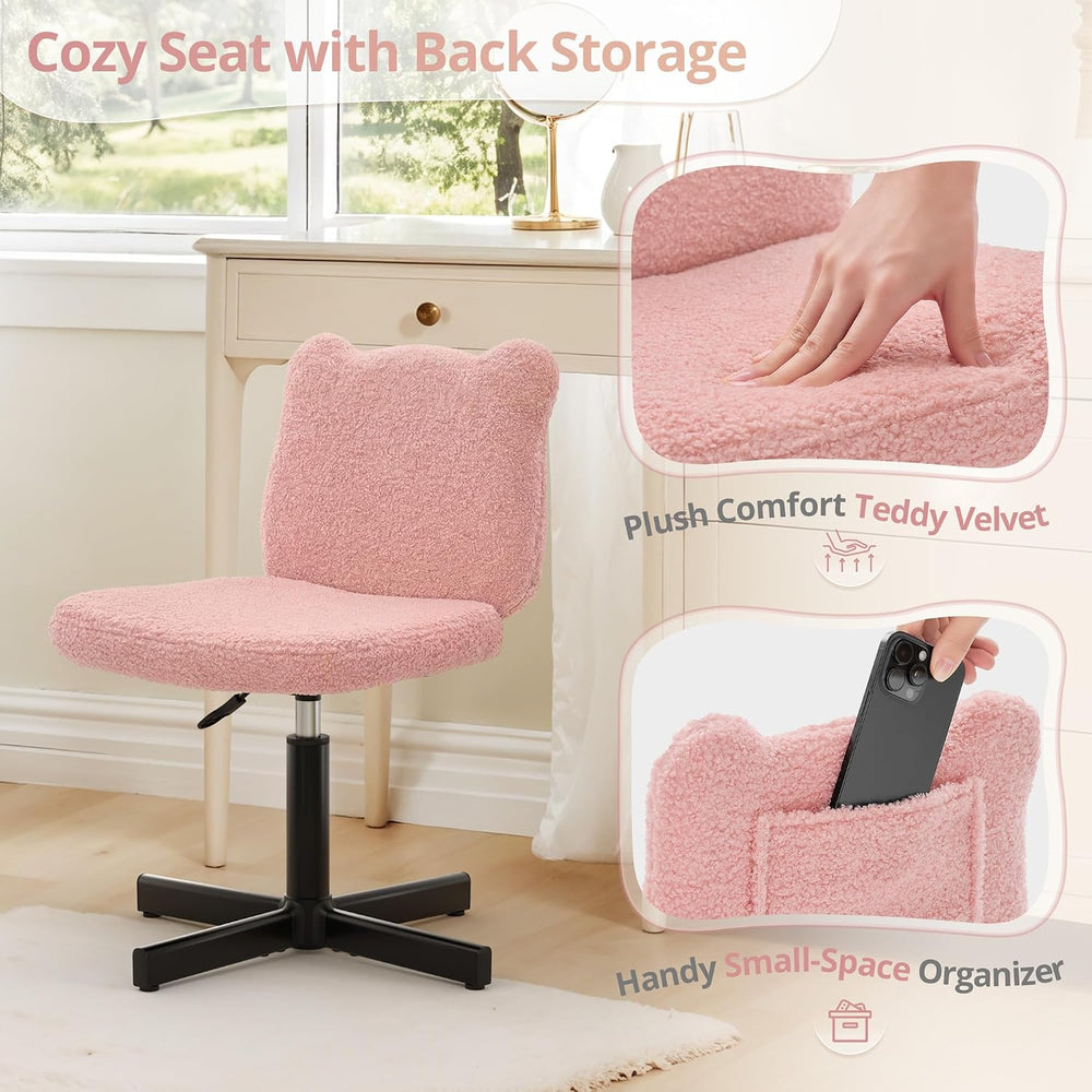 LUE BONA Adjustable Vanity Stool Chair with Girly Bear Ear Wide Back, 360° Sw...
