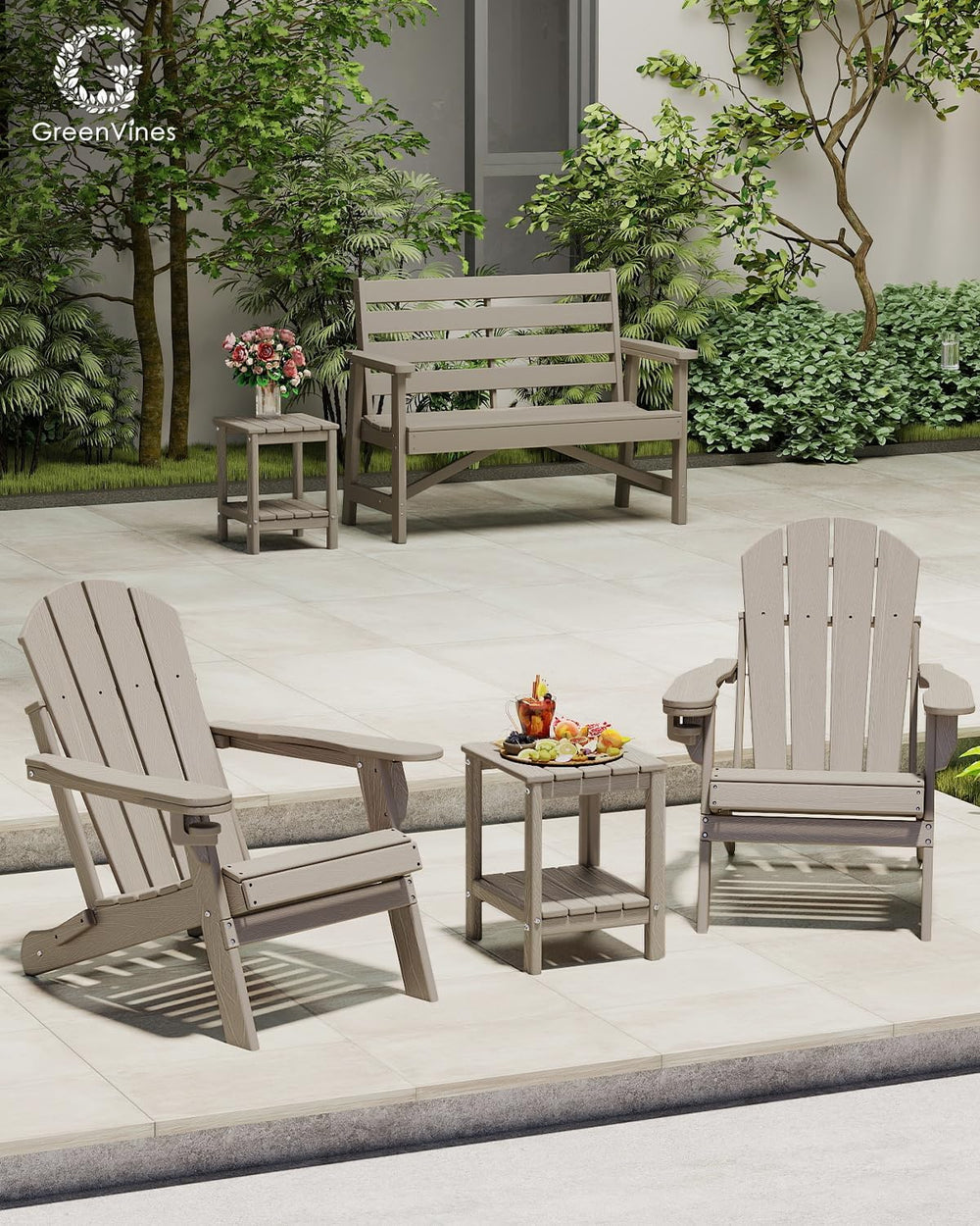 GREENVINES Outdoor Side Table, HDPE 2-Tier Adirondack Tables, Wood Grain