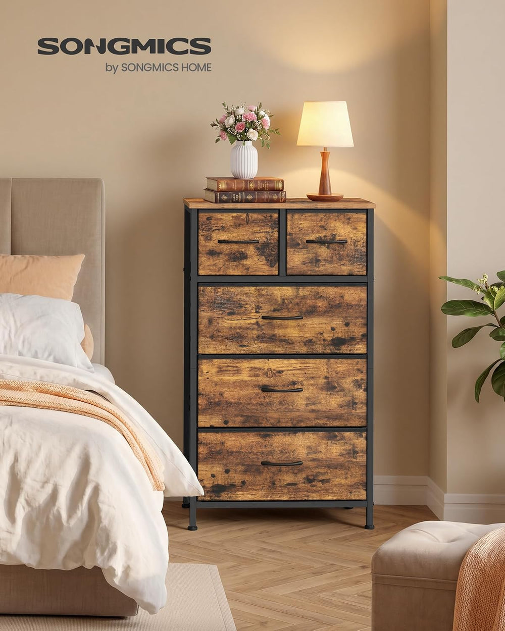SONGMICS Tall Dresser for Bedroom, 5 Fabric Drawers with Steel Frame