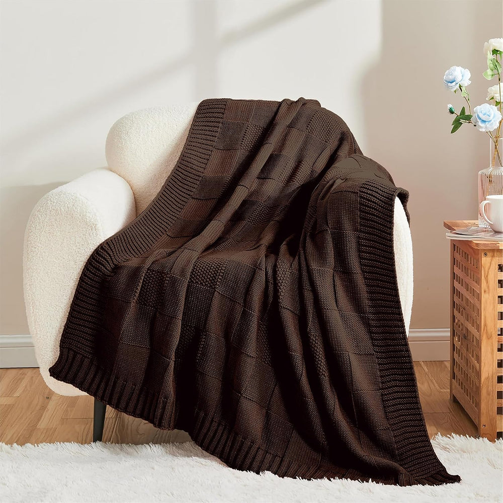 Dark Brown Knitted Checkered Throw Blanket 50"X60"
