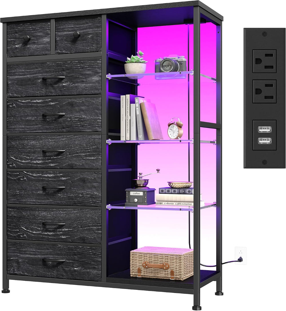 EnHomee Black Dresser with LED Lights & Power Outlets, 8 Drawers, 54" H