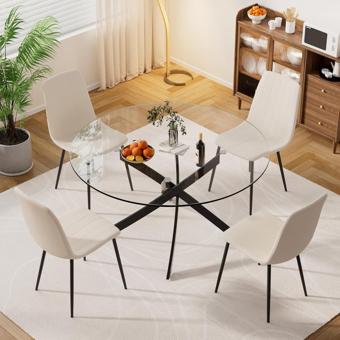 Modern Round Glass Dining Table Set for 4, 47'' Large Tempered Glass Tabletop Black Base with 4 Beige Minimalism Dining Chairs, 5-Piece Clear Circle Dining Table Set(Easy Assemble)