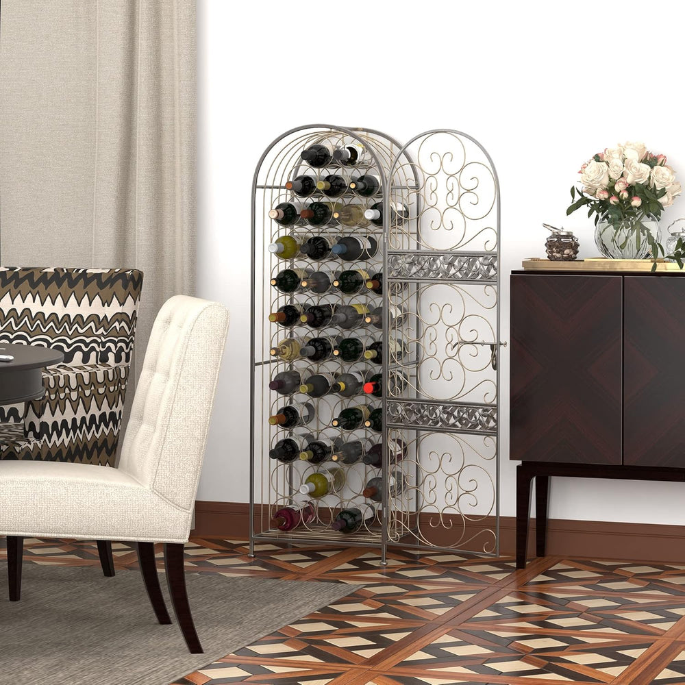 Wine Rack Cabinet, 45-Bottle Wrought Iron Wine Storage Cage with Lock, Antiqu...