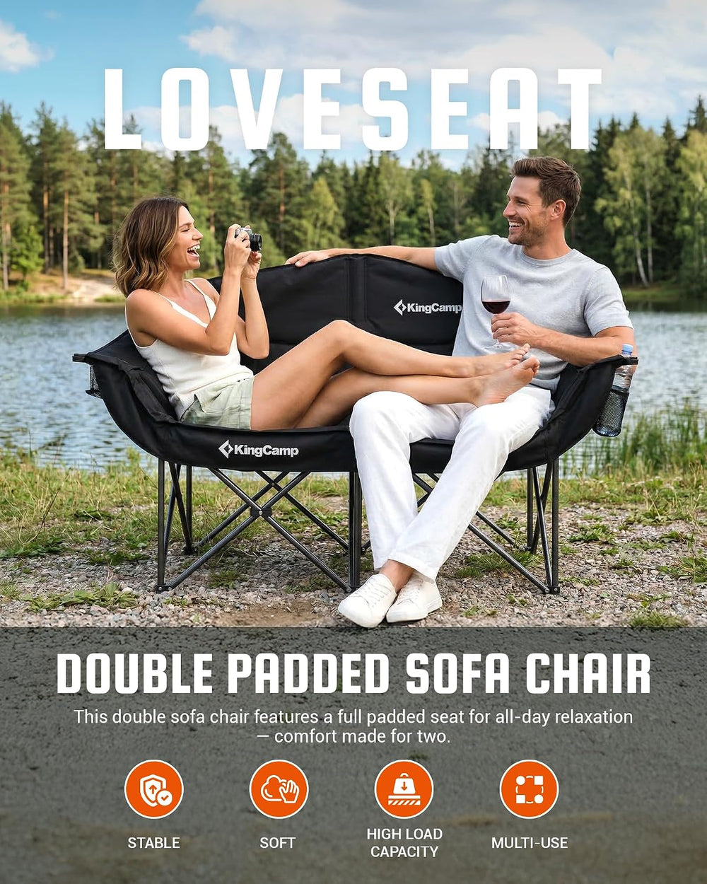 KingCamp Double Camping Chair, Heavy Duty 660lbs Folding 2 Person Chair | Por...