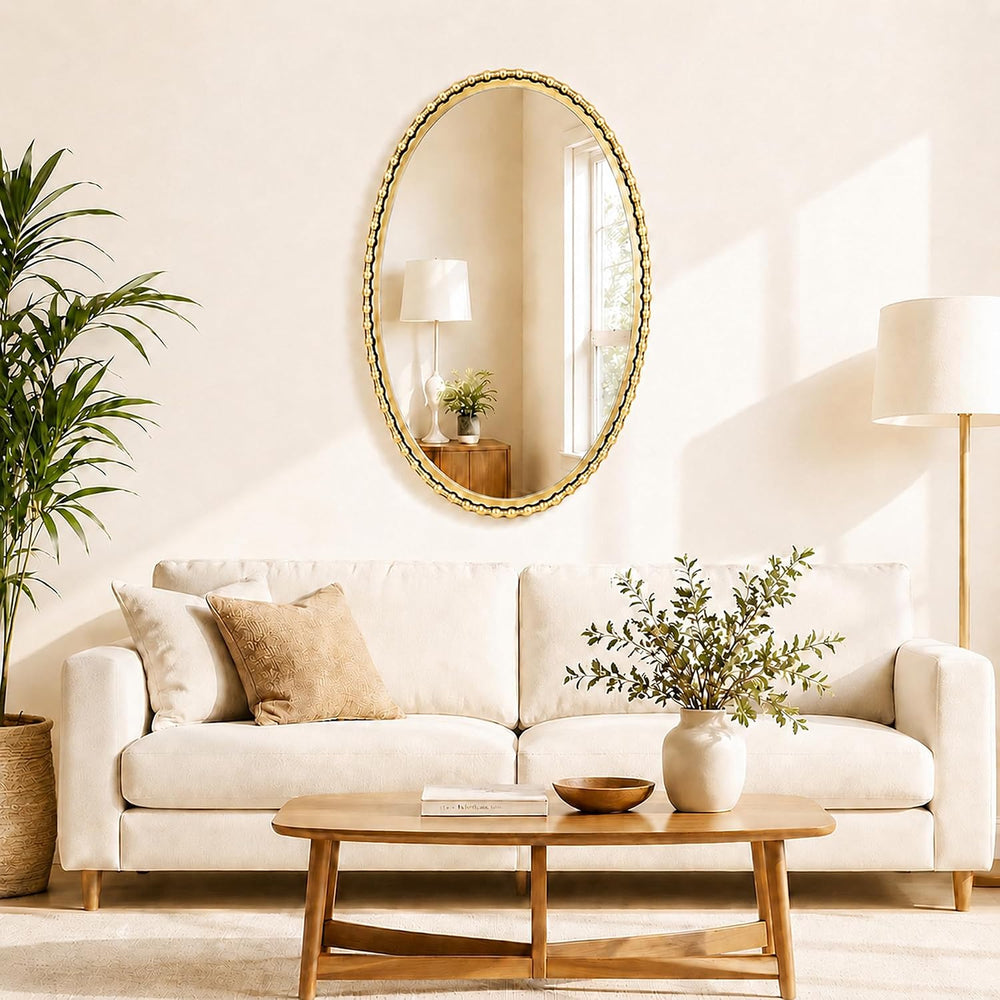 24"x36" Oval Wall Mirror, Antique Gold Bold Beaded Frame