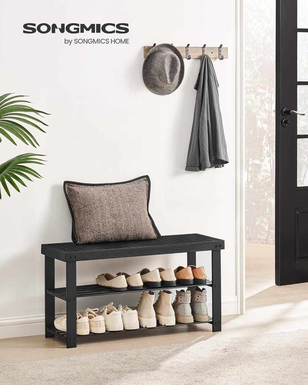 SONGMICS Shoe Rack Bench, 3-Tier Bamboo Entryway Bench, 35.4 Inches Width