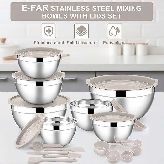 E-far Mixing Bowls with Lids Set, Size 7, Nesting Design & Khaki Airtight...