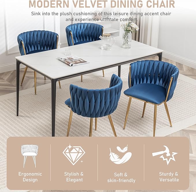 Kiztir Velvet Dining Chairs Set of 4, Modern Dining Chair with Gold Metal Leg...