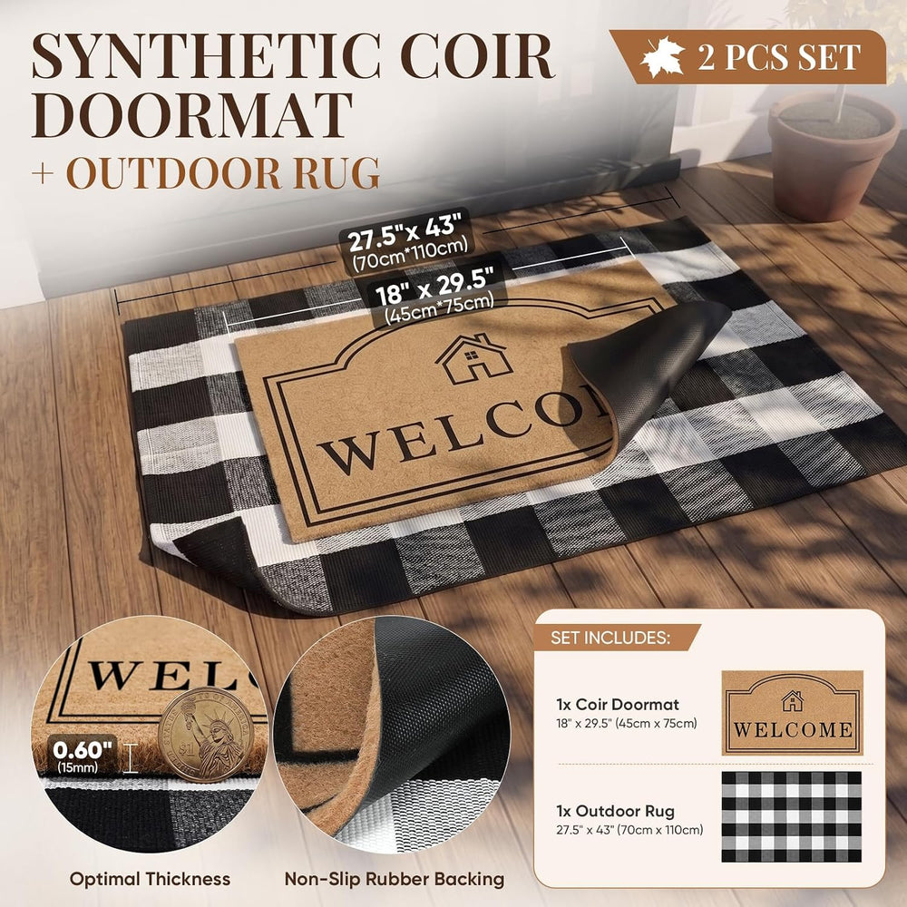 2 Pcs Layered Coir Front DoorMat Set, 0.6" Extra Thick & Non Slip Ba...