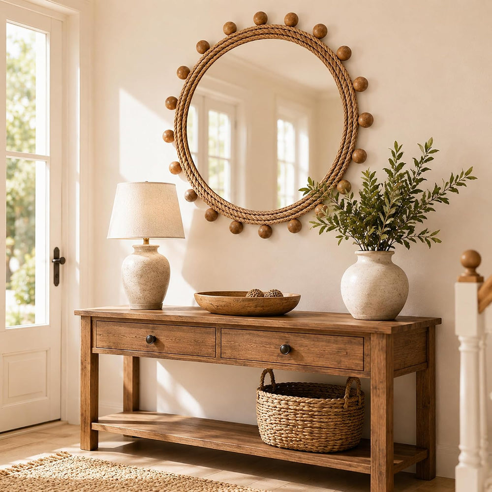 30" Round Jute Rope Wall Mirror with 2-Inch Rubberwood Beads