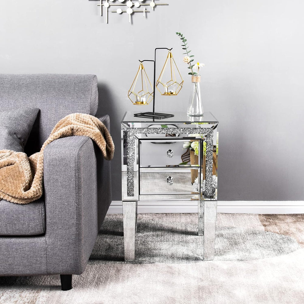 VINGLI Mirror Nightstand with Drawer, Silver Mirrored Glass End Table, Crushe...