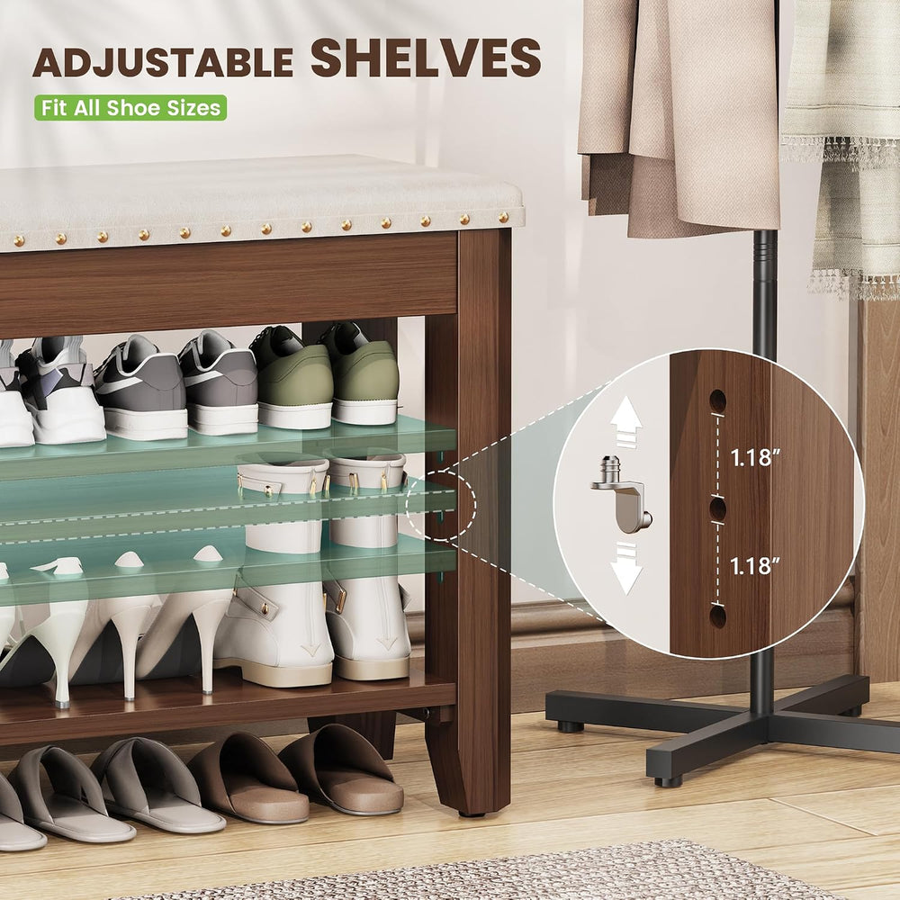 Shoe Bench for Entryway, Solid Rubberwood Shoe Bench with Hidden Storage, Adj...
