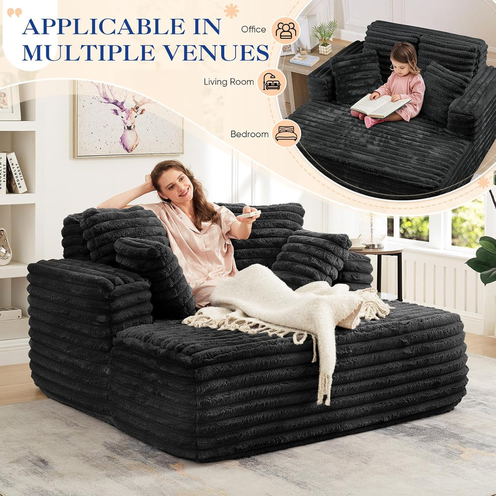 Oversized Chaise Lounge Indoor, Modern Plush Faux Fur Fabric Deep Seat Bonele...