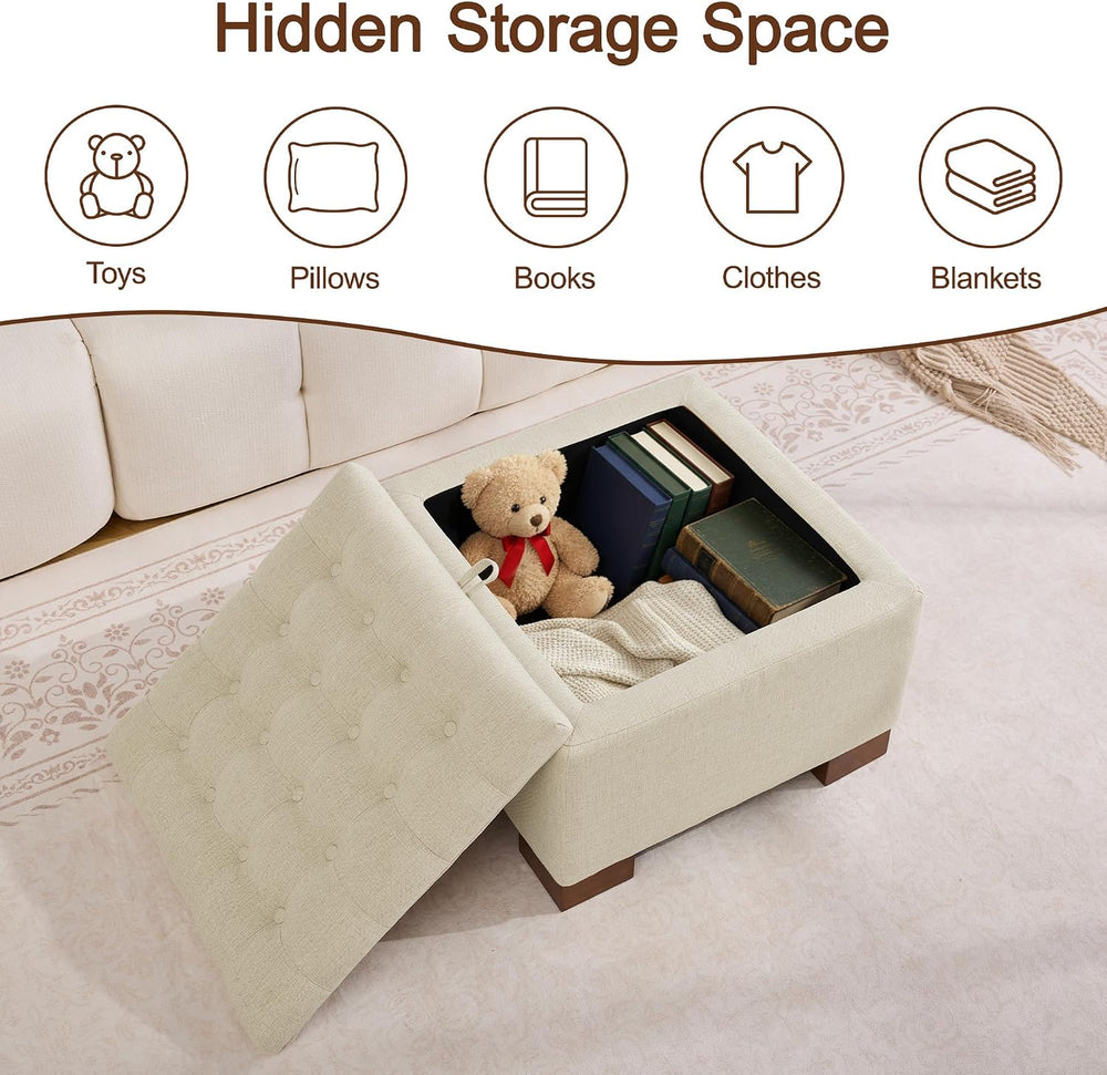 WUTUTUEE 24" Fabric Square Storage Ottoman with Wooden Tray, Modern Tuft...