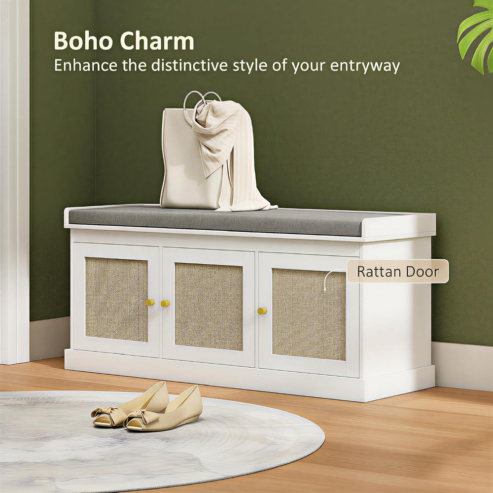 HOMCOM Shoe Bench with Woven Rattan Doors, Shoe Storage Bench with Cushion, A...