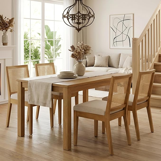 HNY Farmhouse Rattan Dining Chairs Set of 4, Mid Century Modern Kitchen &...