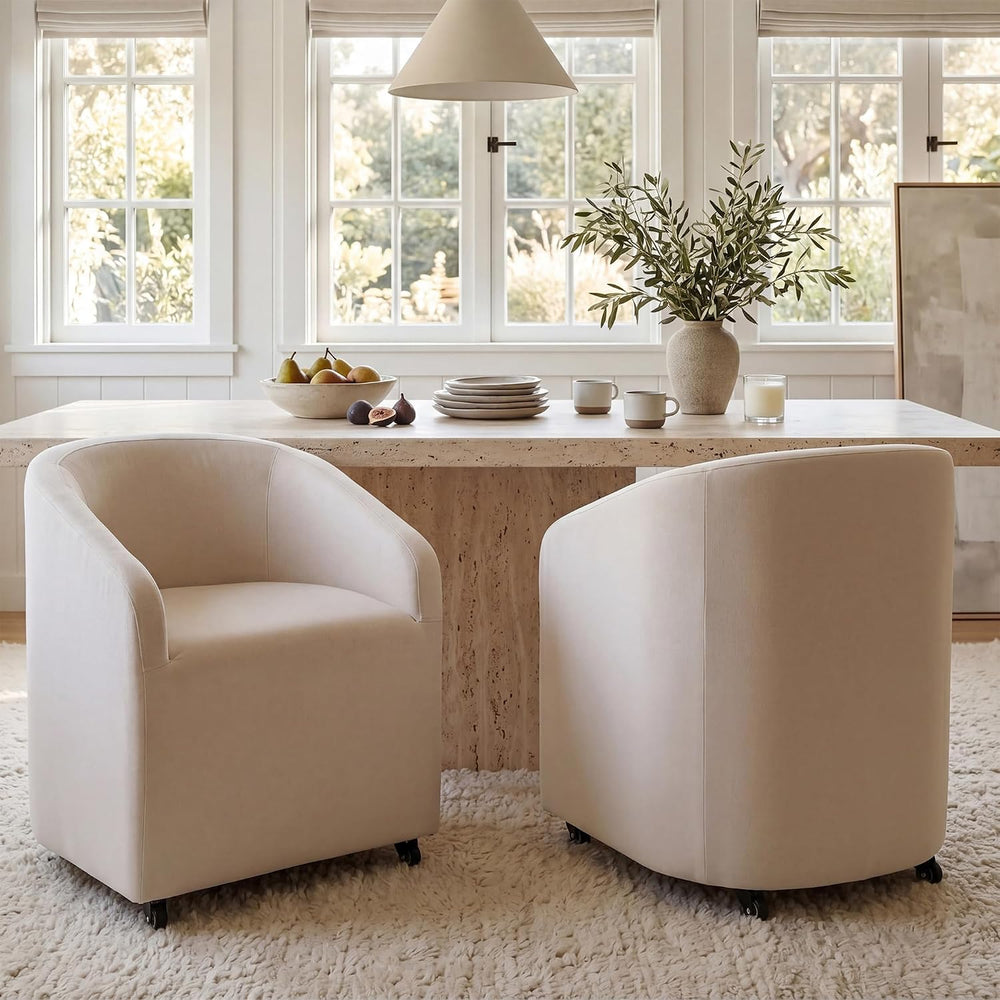 CIMOTA Linen Beige Barrel Dining Chairs with Wheels, Set of 2 — Modern Uphols...