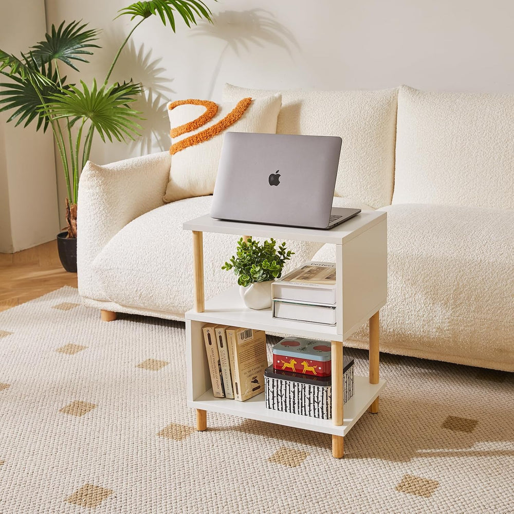 Aibiju White Night Stand with Open Storage Shelf, Wood Nightstand S Shape, Be...