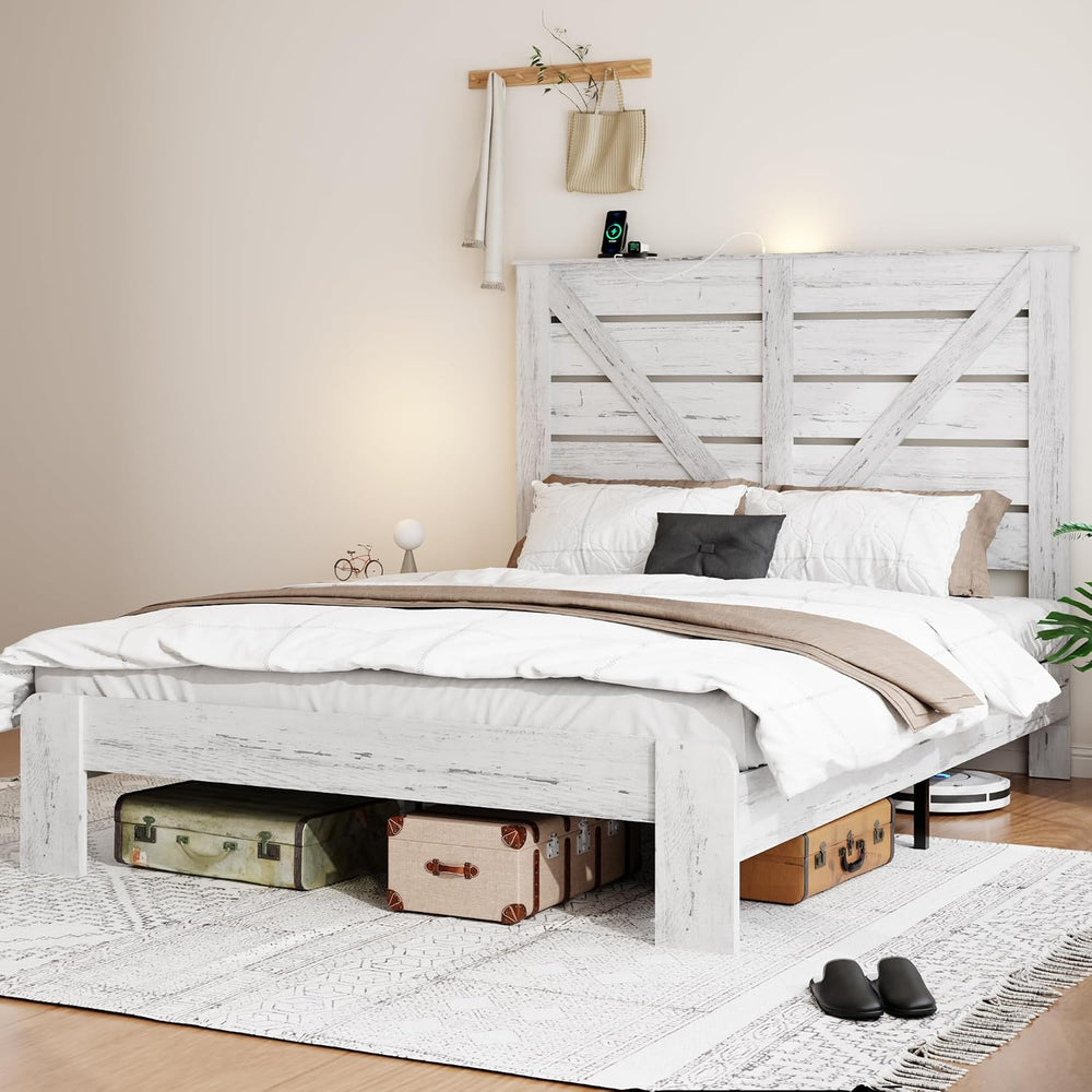 Queen Farmhouse Bed Frame with Headboard, LED Lights, USB Charging