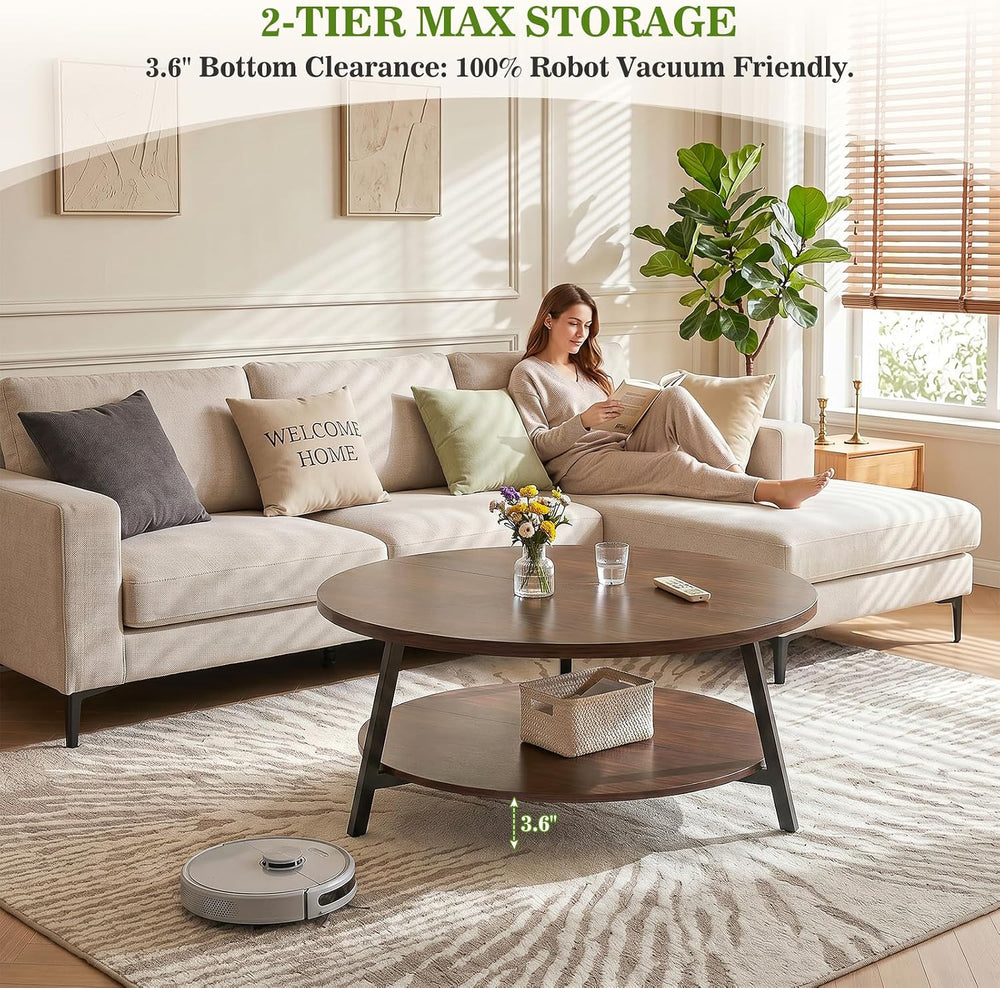 35.4" Round Wood Coffee Table with 2-Tier Storage, 1" Thick Top
