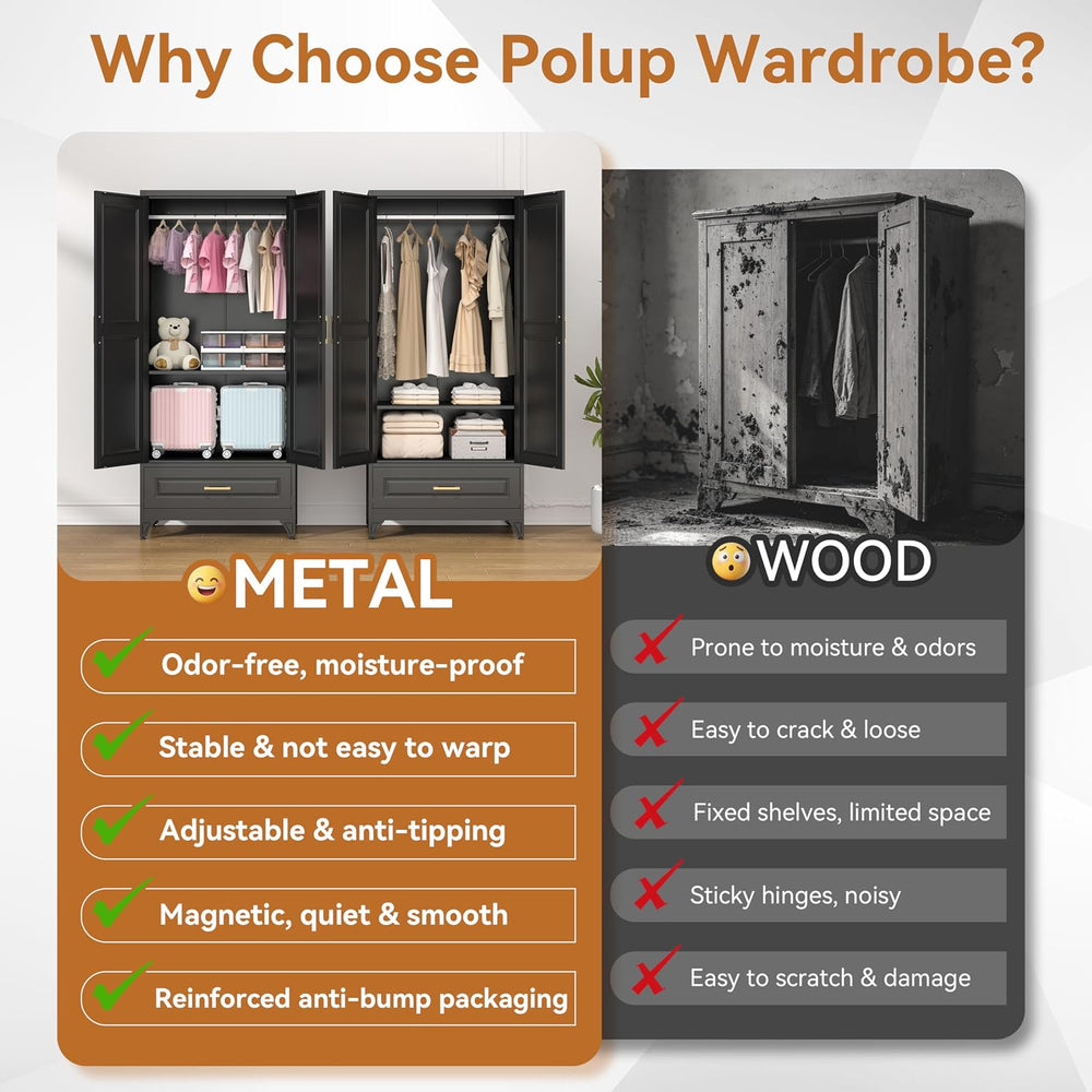 Polup 71" Black Metal Armoire Wardrobe Closet with Doors and 1 Drawer