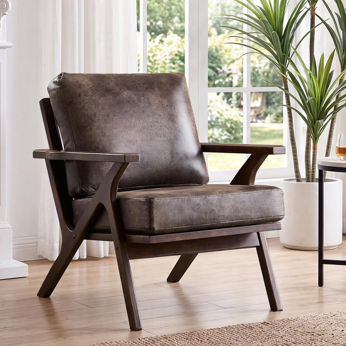 ANJ Faux Leather Accent Chair with Overstuffed Cushion, Mid-Century Modern Armchair with Solid Wood Frame, Upholstered Accent Chairs for Living Room & Bedroom,Retro Brown
