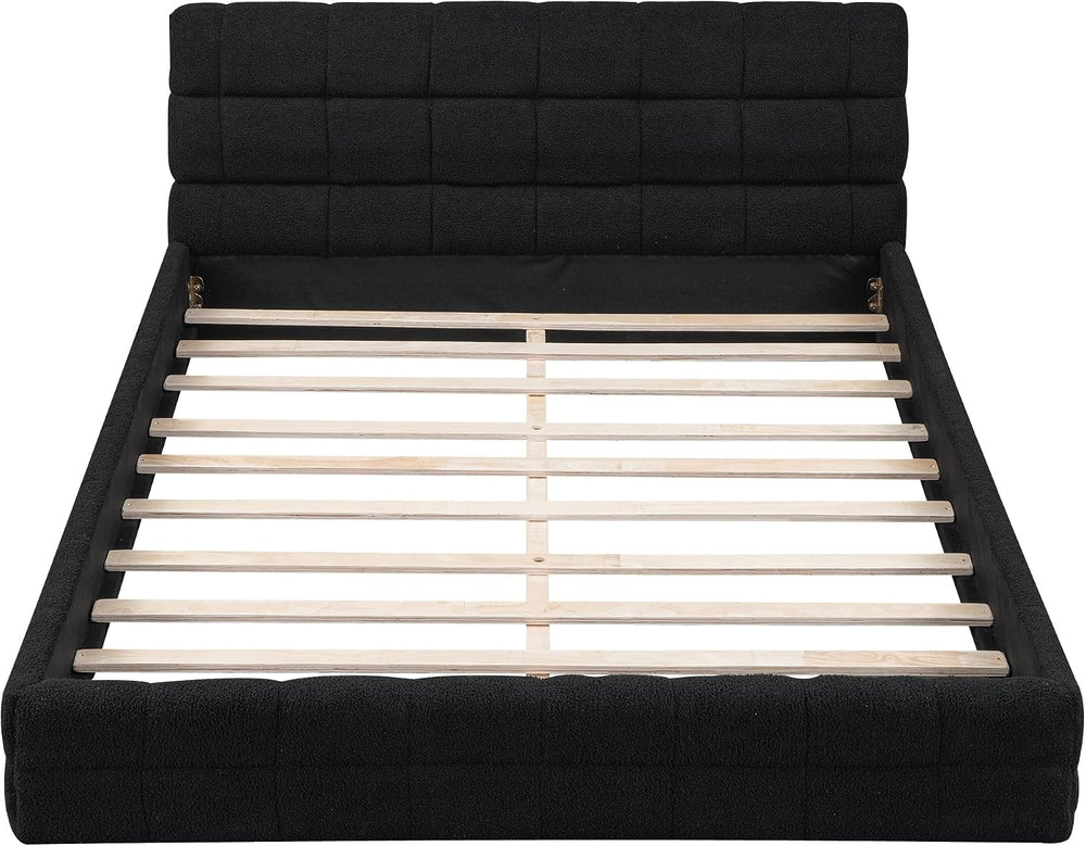 SOFTSEA Queen Size Upholstered Platform Bed, Fleece Floor Bed with Tufted Hea...