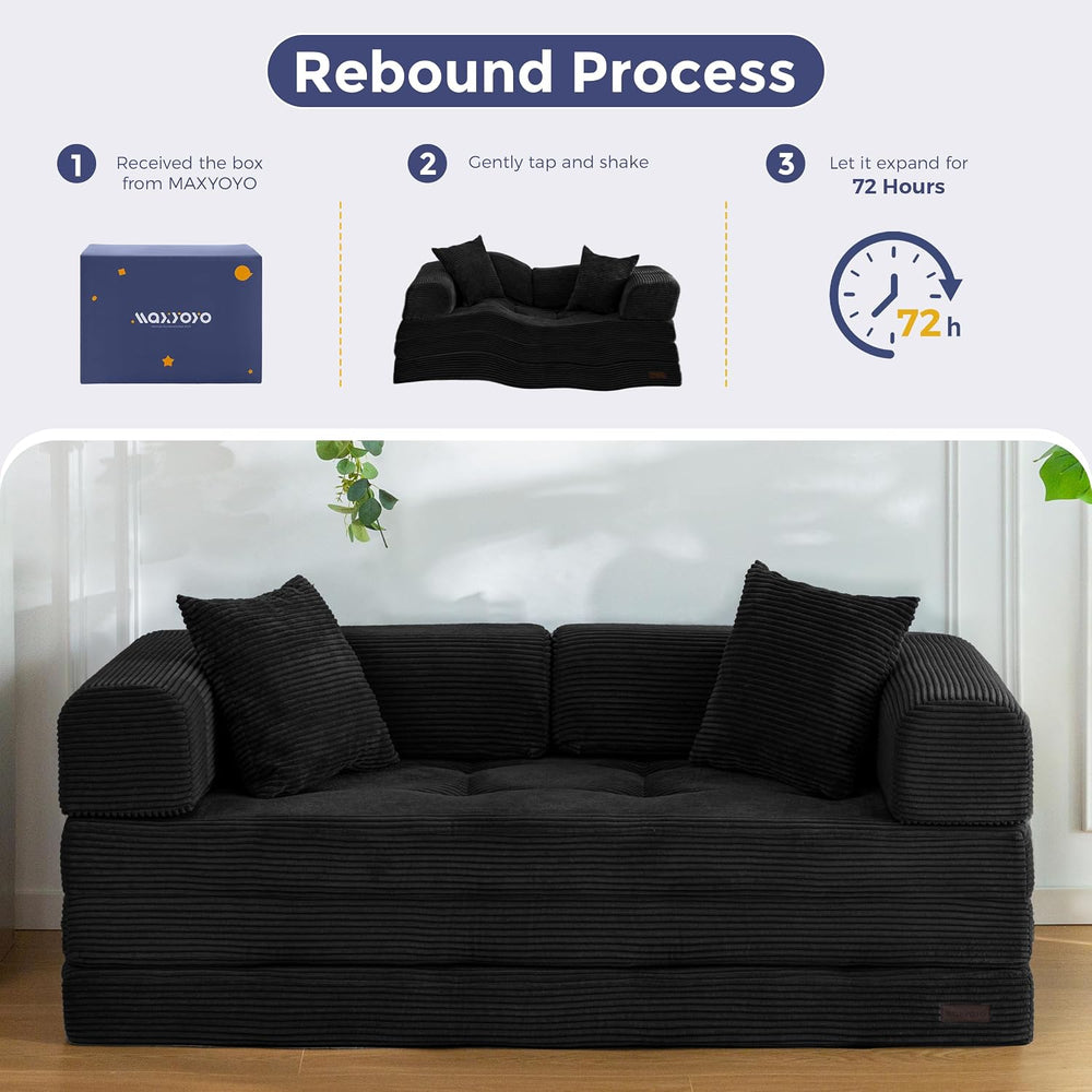 MAXYOYO 63" Convertible Sofa Bed, Boneless Futon Couch Floor Sofa, Black