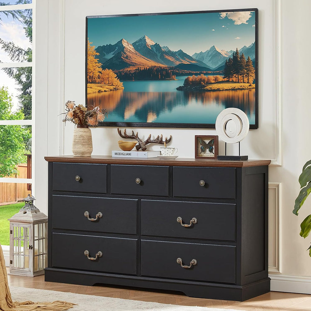 Farmhouse 7 Drawer Black Dresser for Bedroom