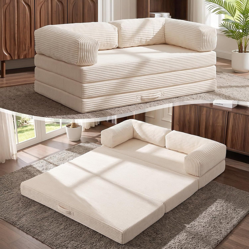 5-in-1 Convertible Sofa Bed,60" Boneless Couch with Pull Out Bed,Tri-Fol...