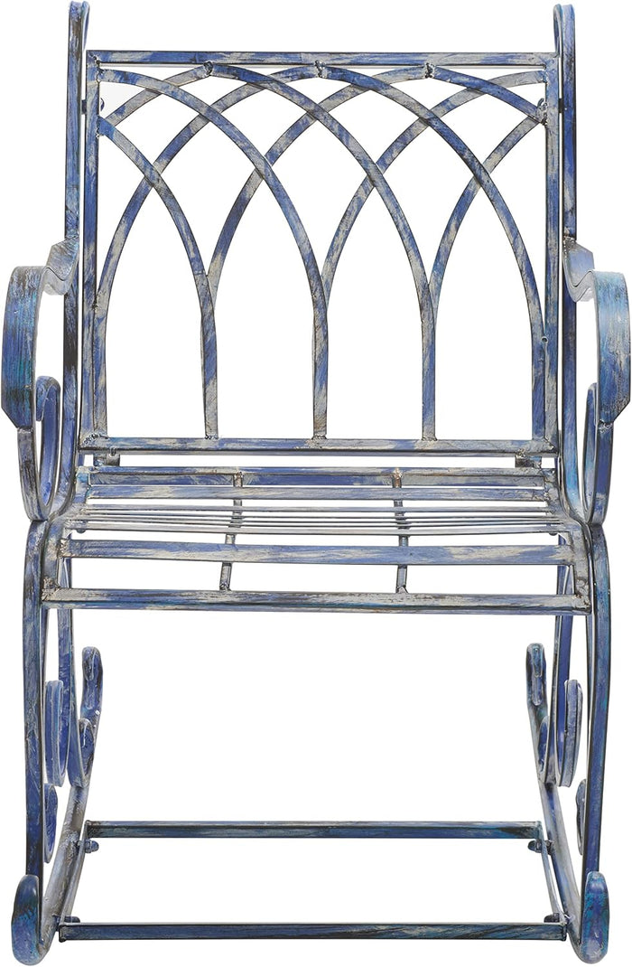 SAFAVIEH Outdoor - Medrano Iron Rocking Chair - Mossy Blue Iron Metal - Vintage Ornate Scrollwork Design - Ideal for Patio, Deck, Porch, Garden, 15" Seat Height (PAT5030C)