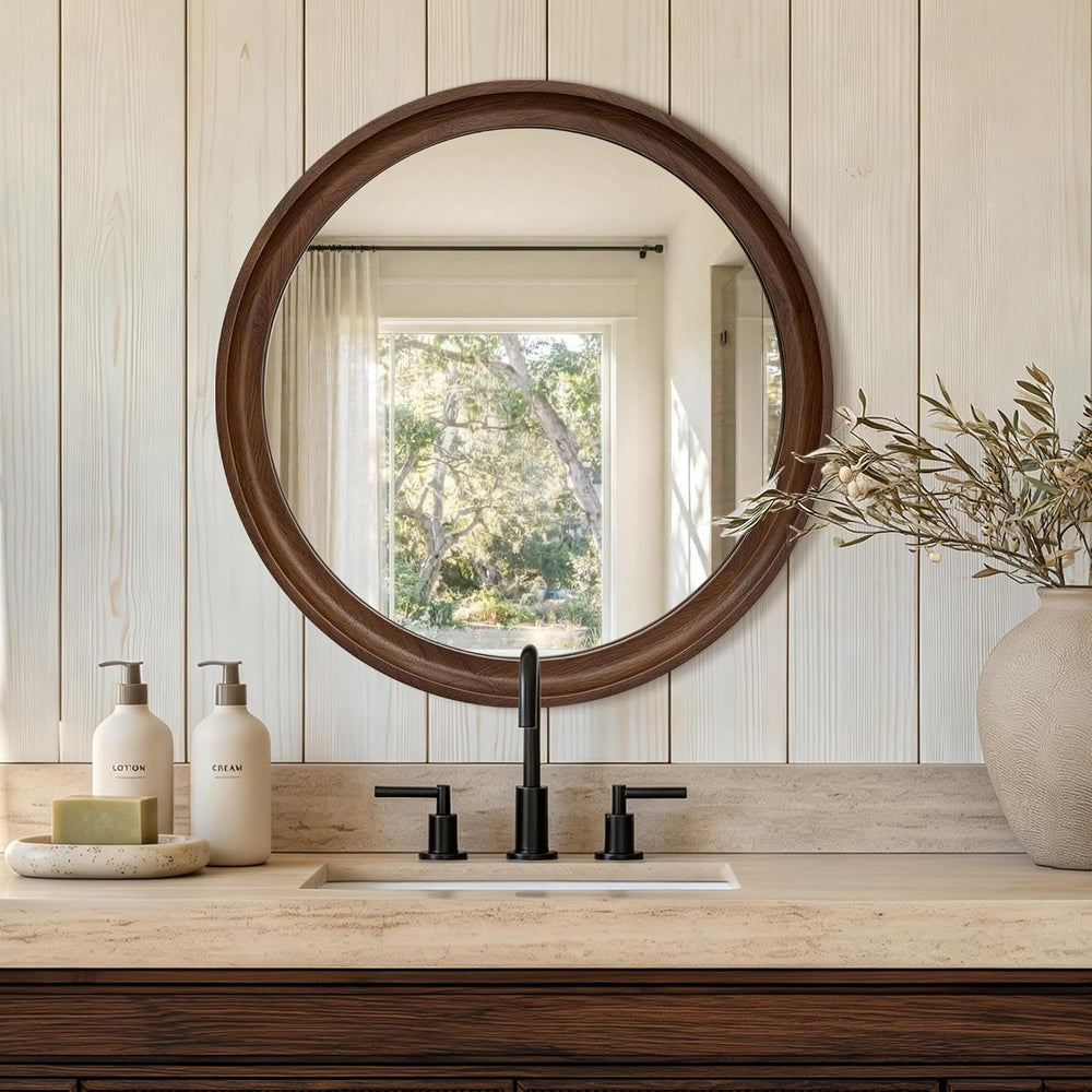 Round Wood Mirror, 22" Circle Mirror with Wooden Frame, Walnut Brown