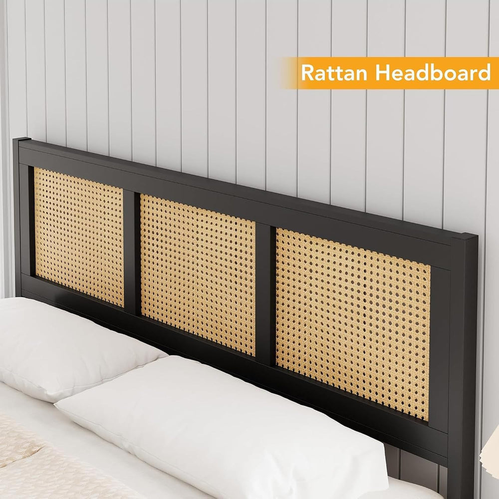 IDEALHOUSE Rattan Bed Frame with Headboard, Boho Full Size Bed Frame, Black