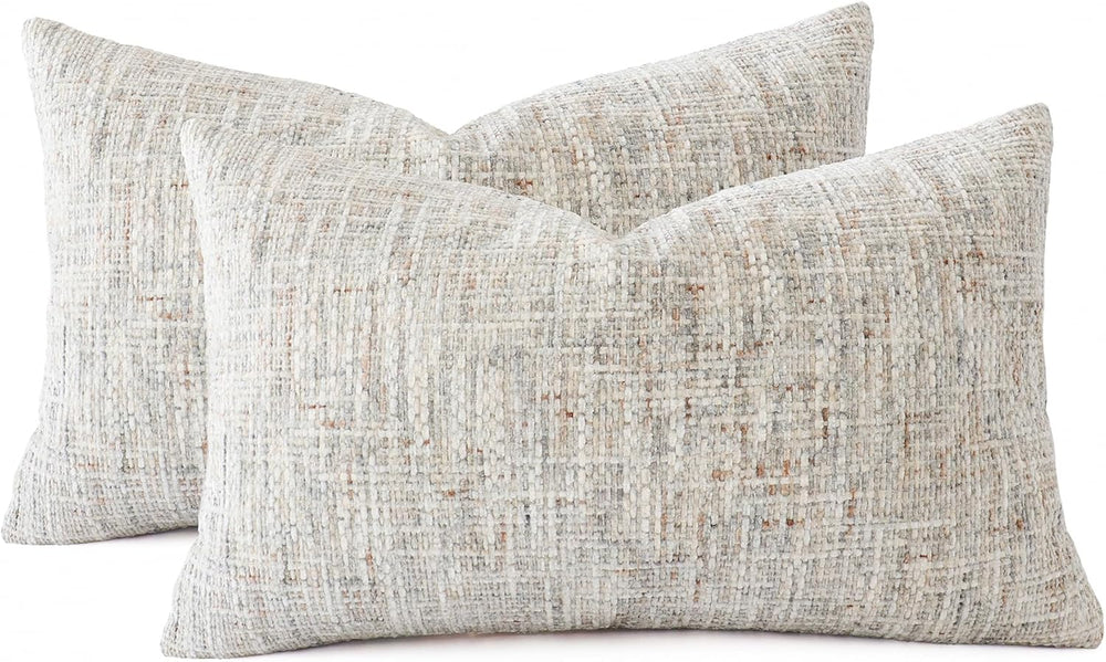 Textured Chenille Lumbar Pillow Covers 12x20 Inch Set of 2 Soft Neutral Woven...