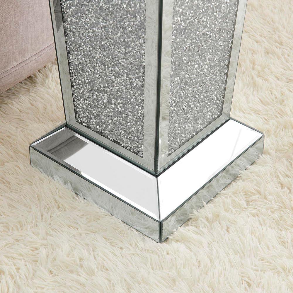 Mirrored End Table Modern Silver Side Table with Crystal Design Decorative Gl...