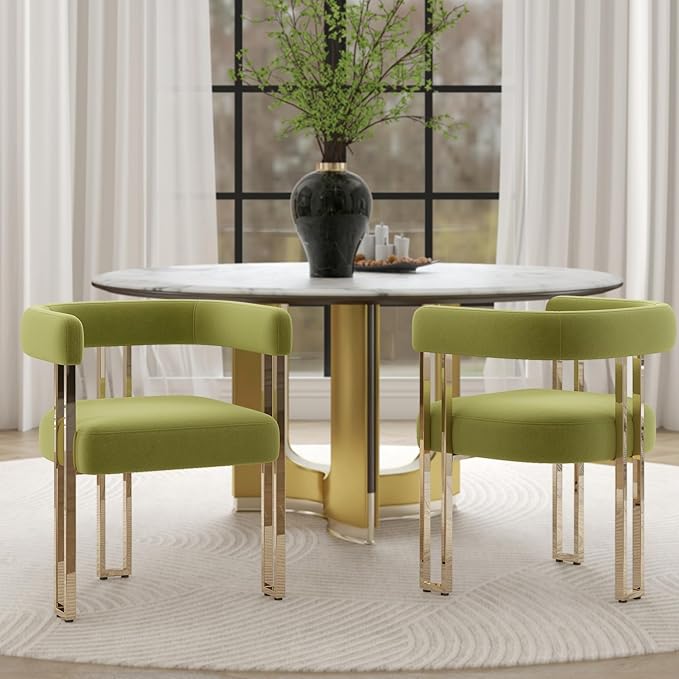 Green and Gold Modern Dining Chairs Set of 2, Velvet Upholstered Barrel Armch...