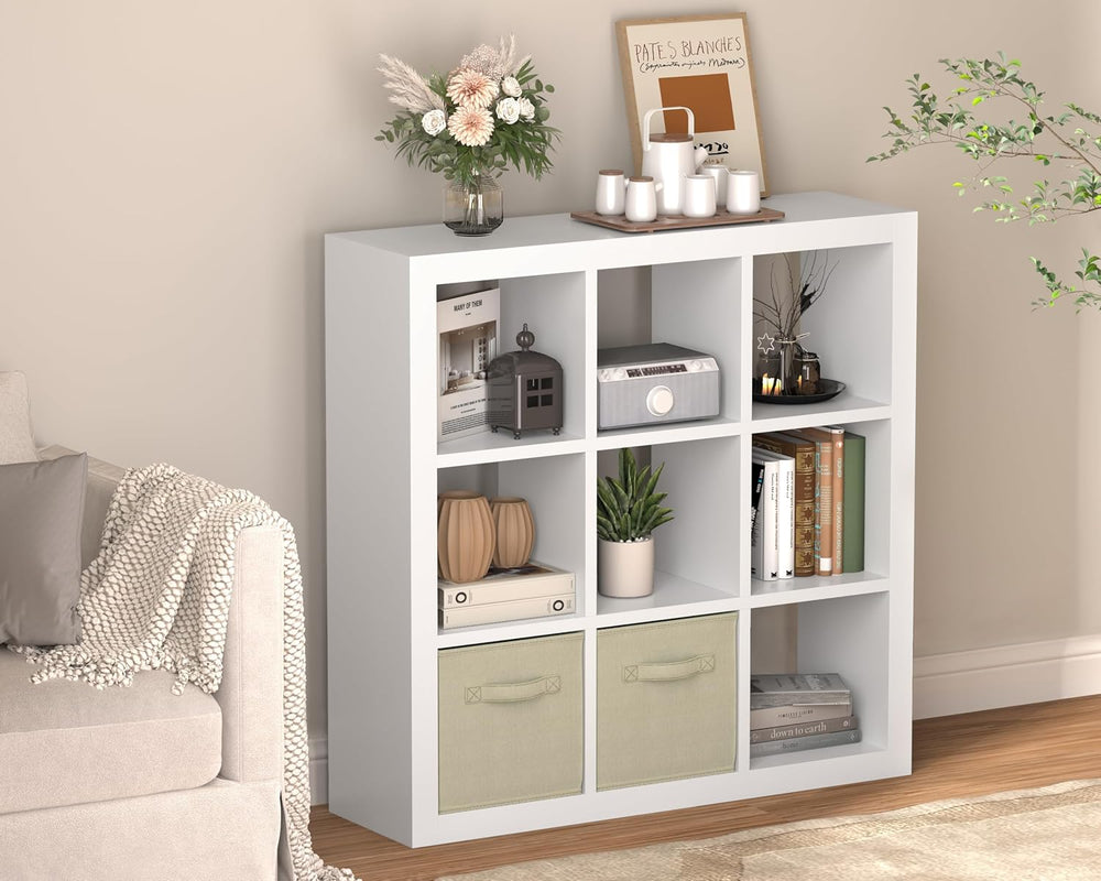 Bookshelf with Storage Bins, 9-Cube Storage Organizer Sturdy Wooden Bookcase ...