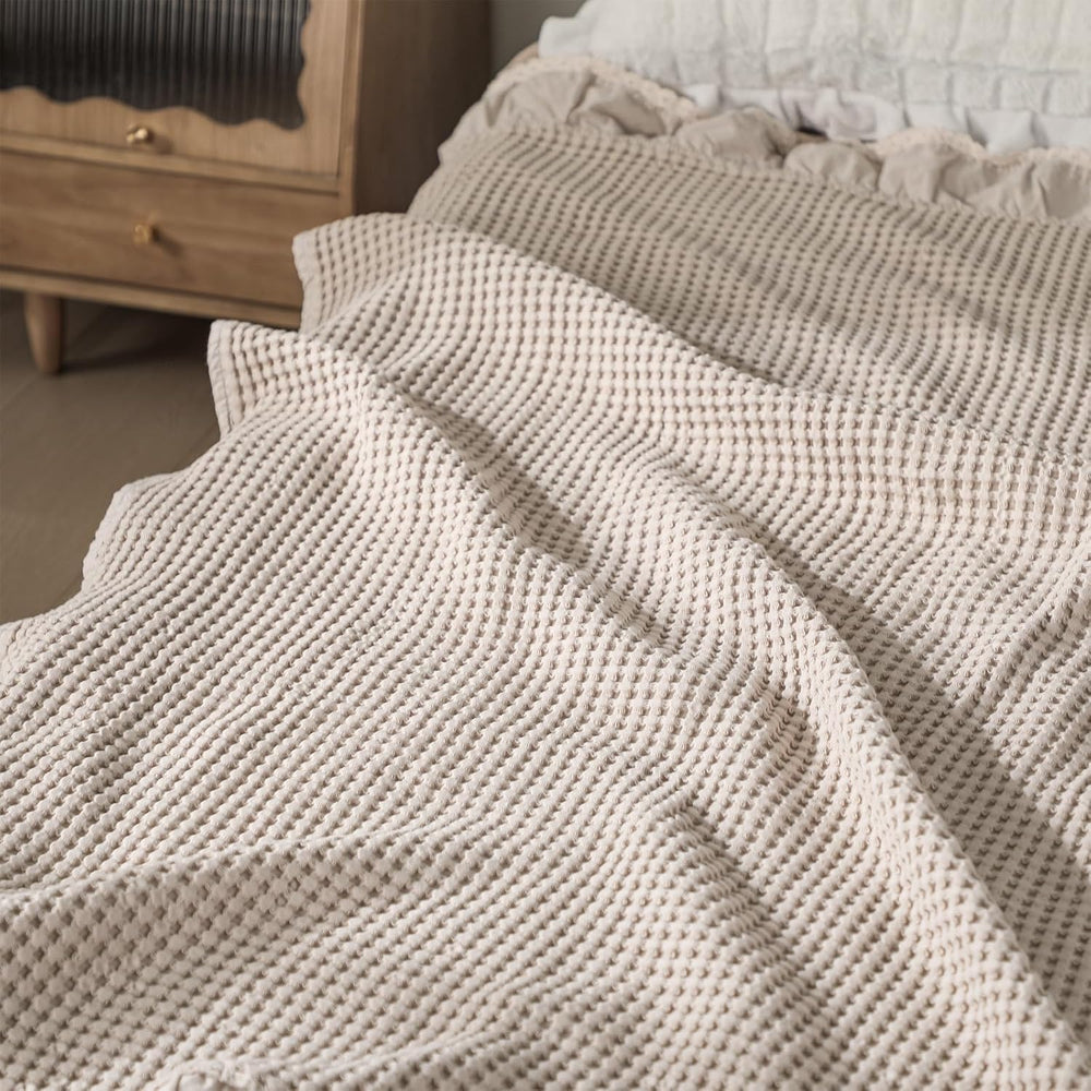 Tegeme Waffle Weave Blanket Cotton Beige Ruffle Throw Blanket