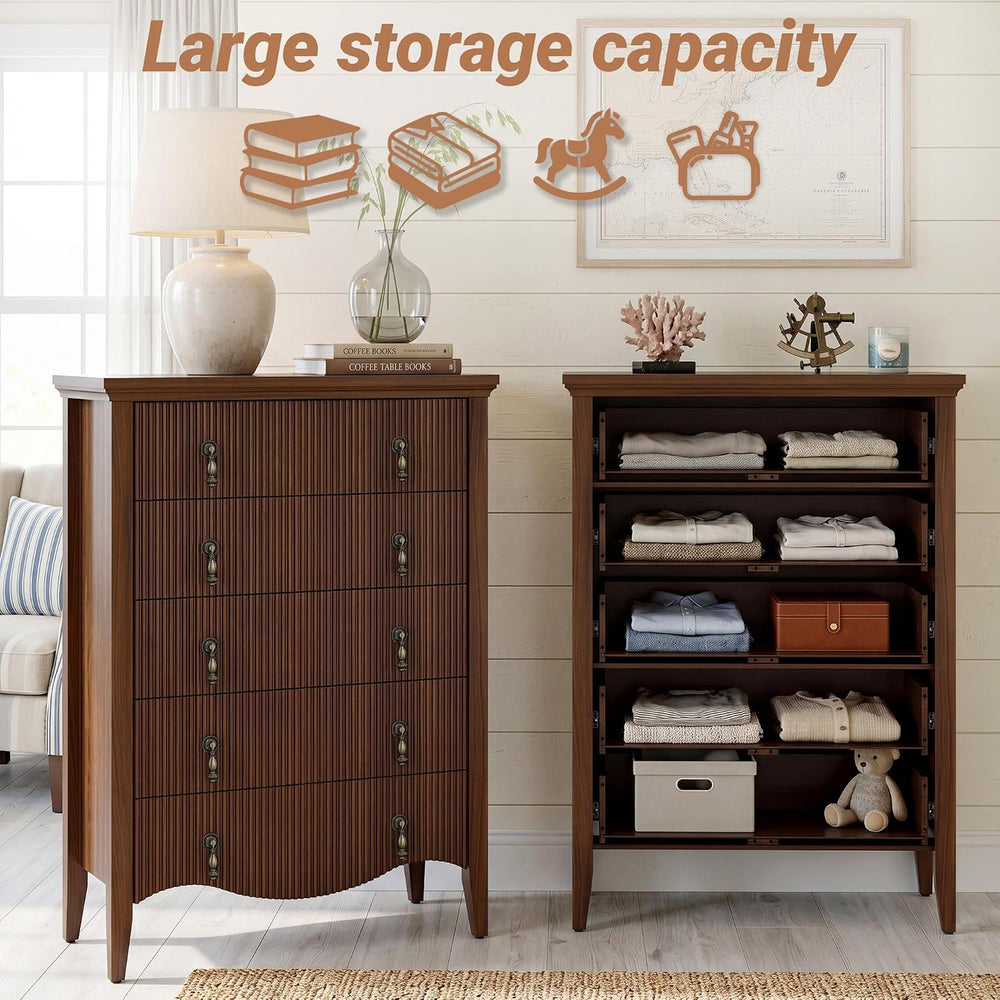 senlin 47‘’ 5 Drawer Fluted Dresser,Vintage Tall Chest of Drawers,Walnut