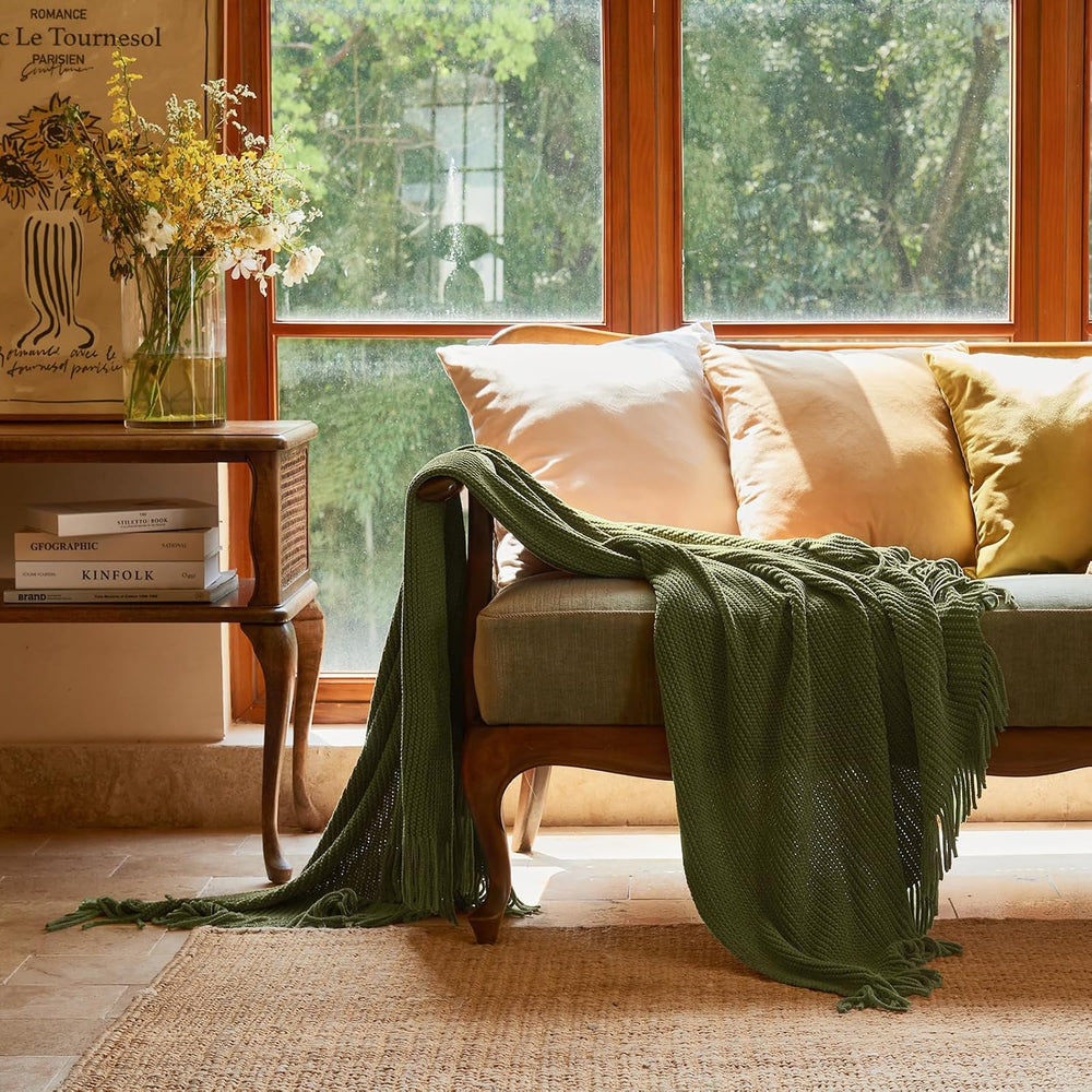 lifein Throw Blanket for Couch, Soft Green Boho Decor Bed Throw,Cozy Knitted ...