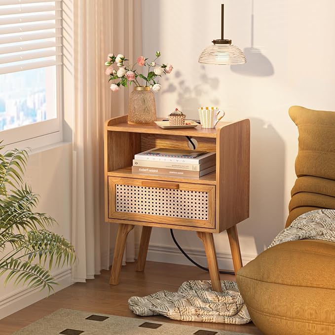 Lerliuo Rattan Nightstands Set of 2 with Charging Station, Side Table with Dr...