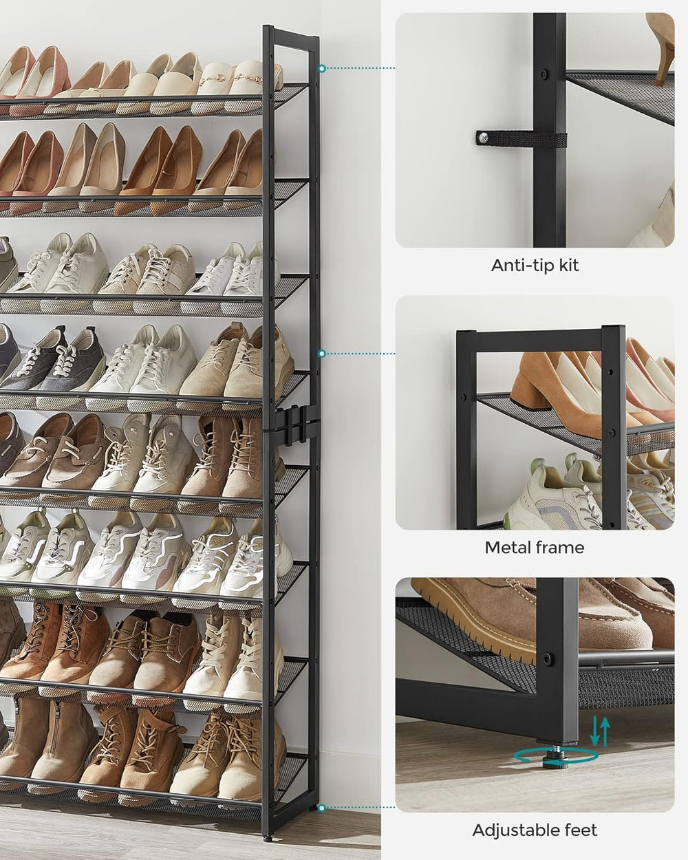 SONGMICS Shoe Rack, 8-Tier Shoe Organizer, Metal Rack for Garage, Set of 2, 4...