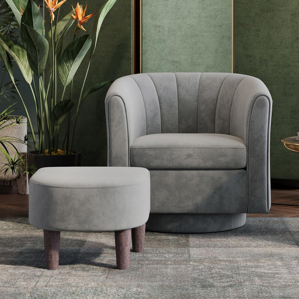 LINSY Swivel Accent Chair with Ottoman: Small Velvet Barrel Chair 360 Swivel ...