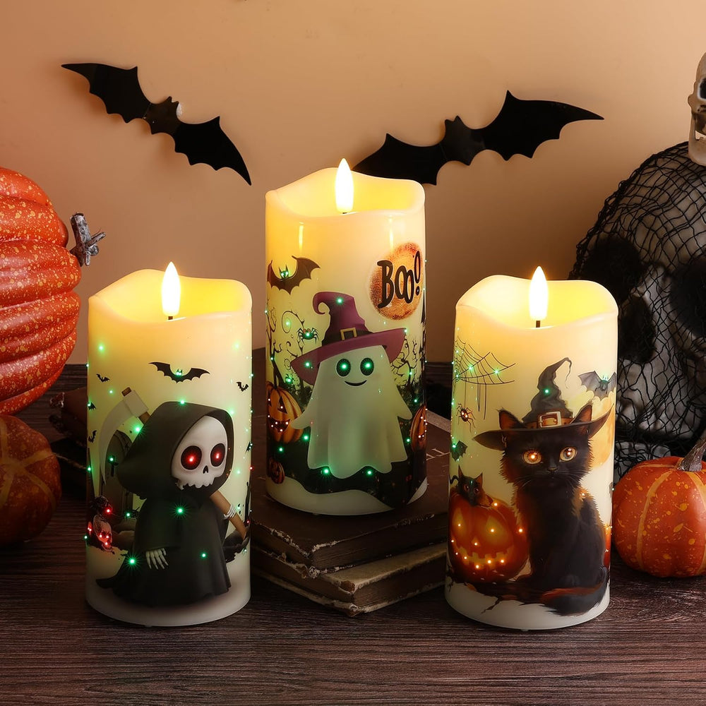 Eywamage Fiber Optic Halloween Flameless Pillar Candles with Remote 3 Pack