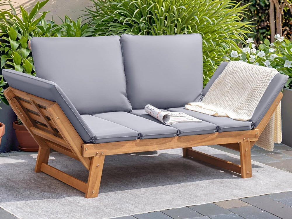 Devoko Outdoor Couch Acacia Wood Outdoor Sofa Balcony Furniture (Grey)