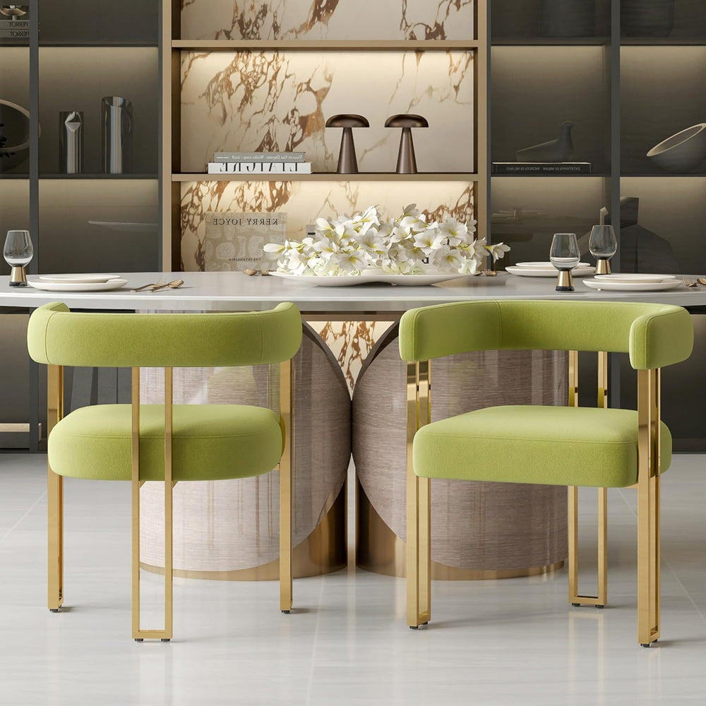 Green and Gold Modern Dining Chairs Set of 2, Velvet Upholstered Barrel Armch...