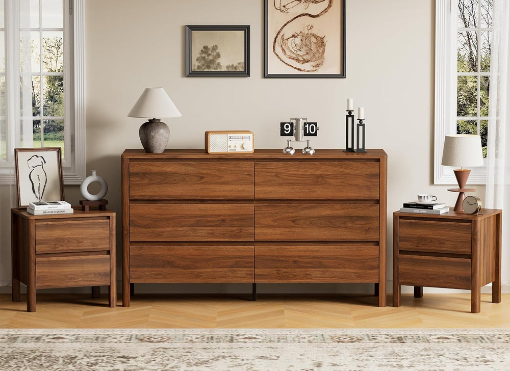 Furniway Walnut Mid-Century Modern Dresser and Nightstand Sets 3 Piece