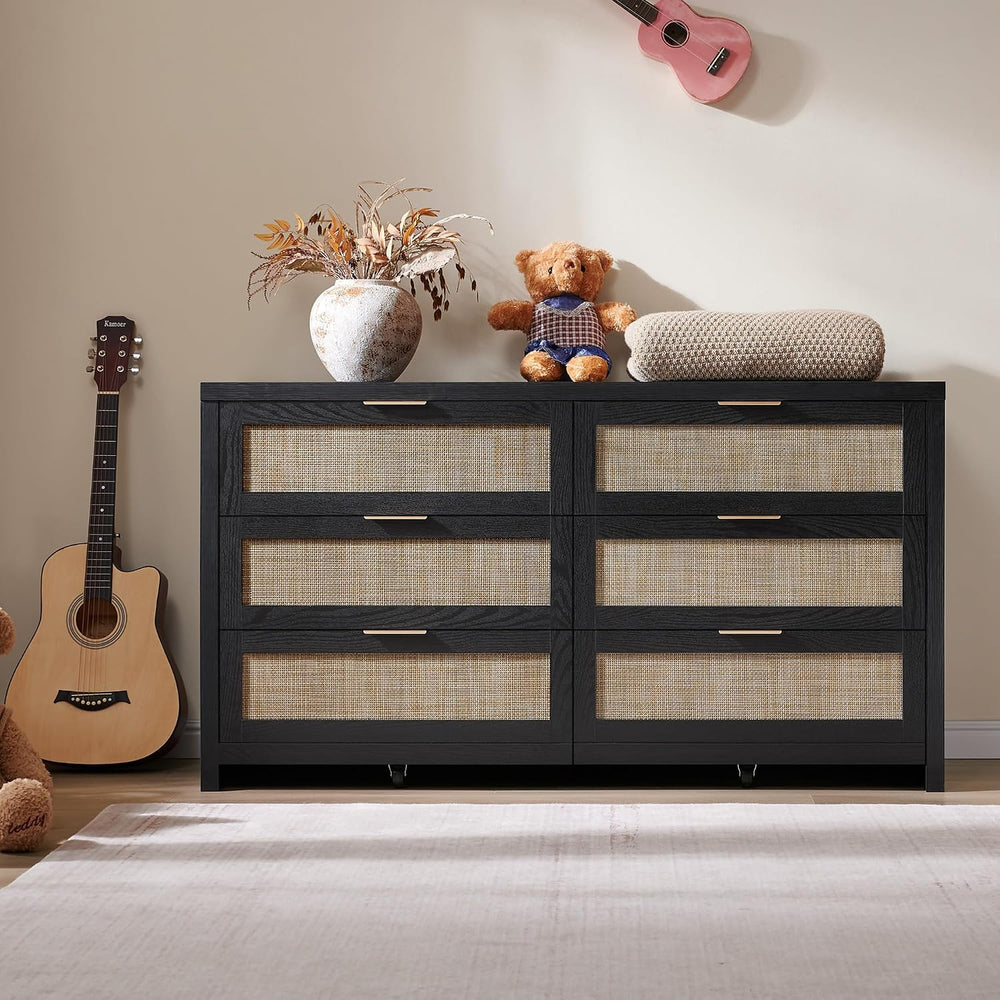 SICOTAS Rattan Dresser for Bedroom, 57" Wide 6 Drawer Dresser