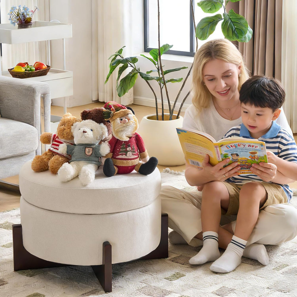 26Inch Round Storage Ottoman, Modern Chenille Upholstered Ottoman with Storag...